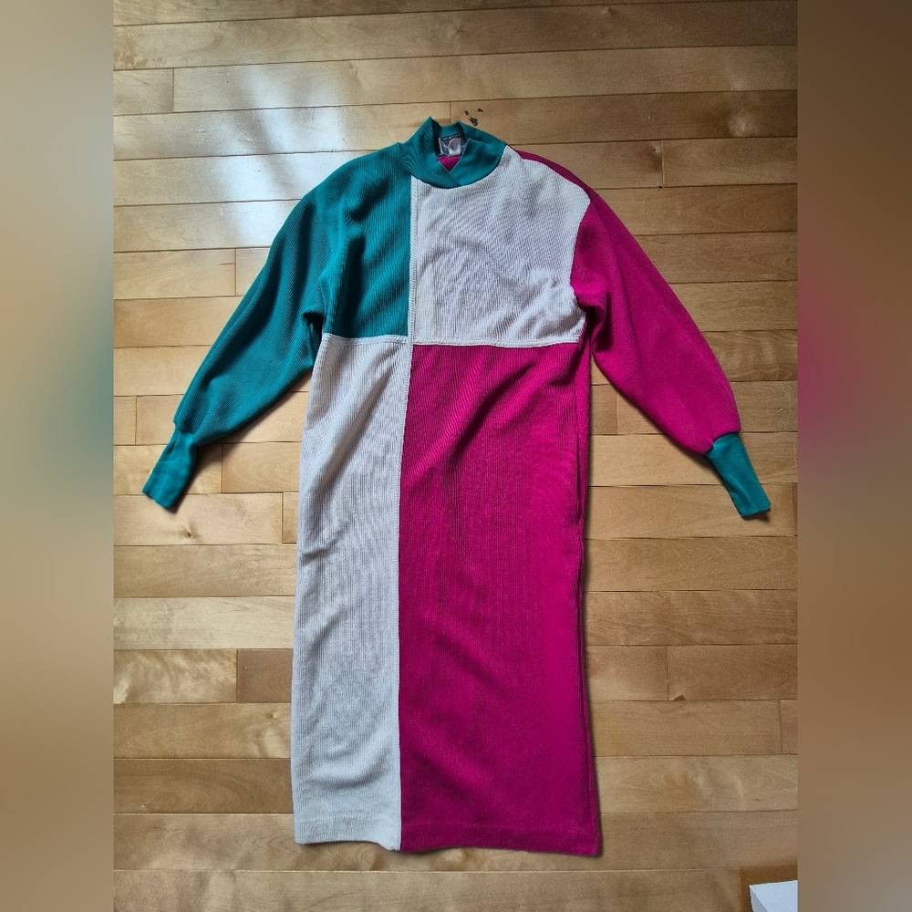 Vintage 80s Green and Pink Mock Neck Raglan Sweater Dress Made In Canada